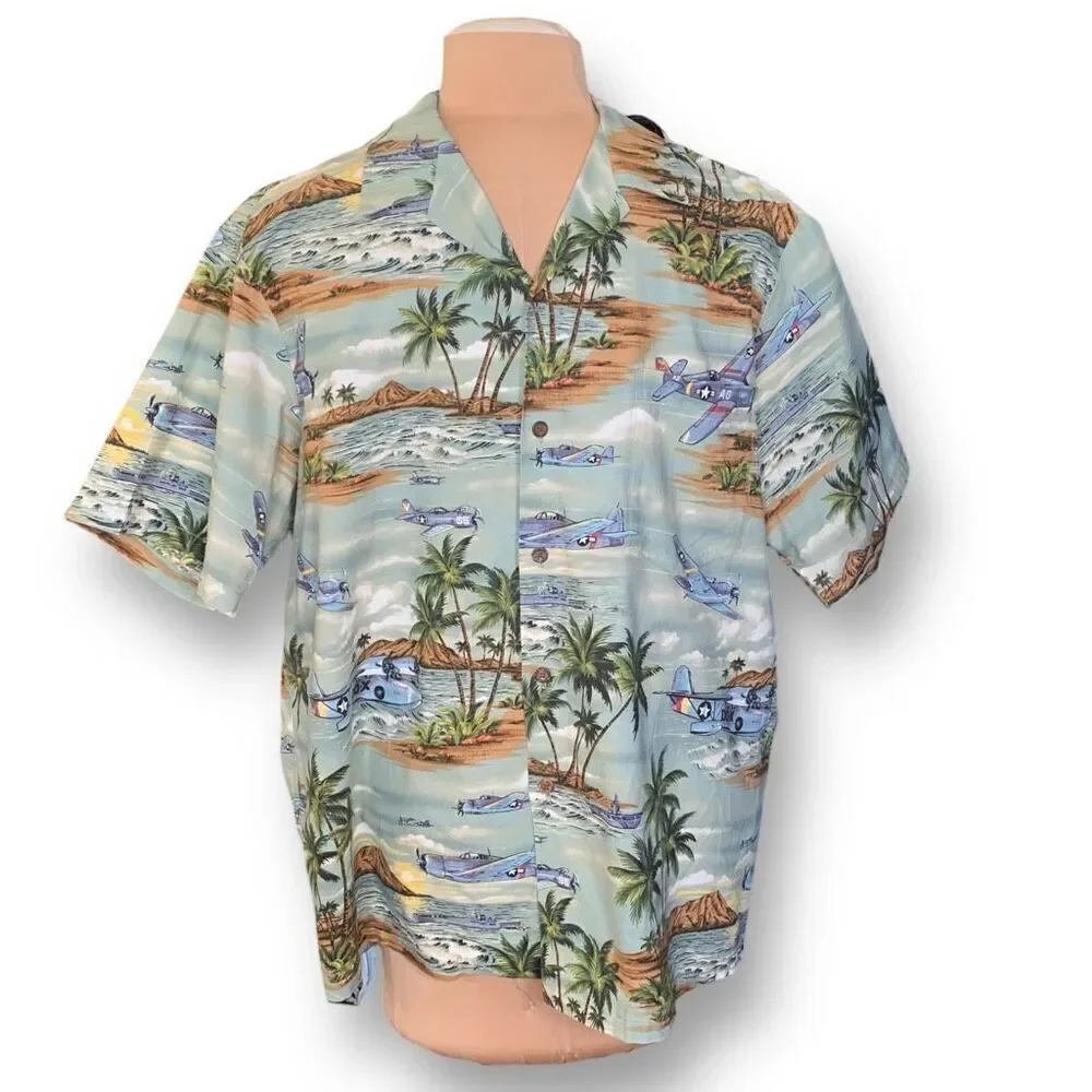 Vintage RJC Shirt Tropical Hawaiian Printed‎ Classic Airplane Green Boxy Camp XL